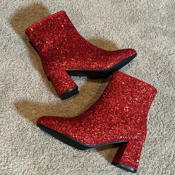 Women’s Red Glitter Covered Sparkly Chunky Heeled Boots Size 7.5 NEW - Picture 8 of 13